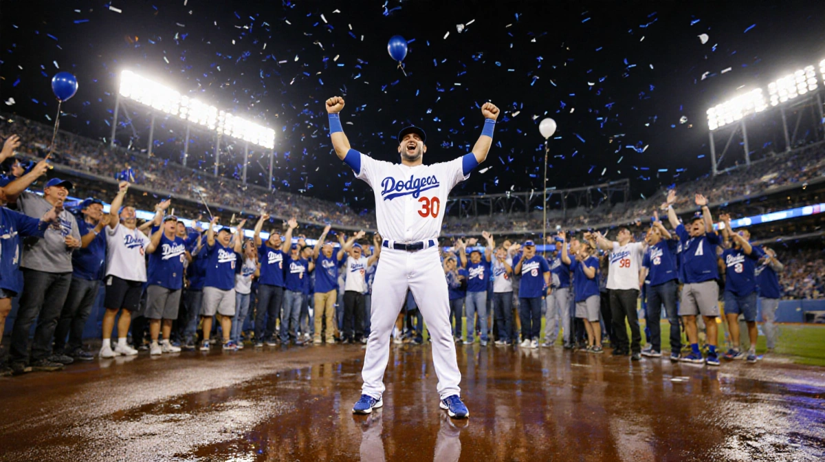 Kyle Tucker celebrates with arms raised and Dodgers fans cheering at Dodger Stadium with confetti falling