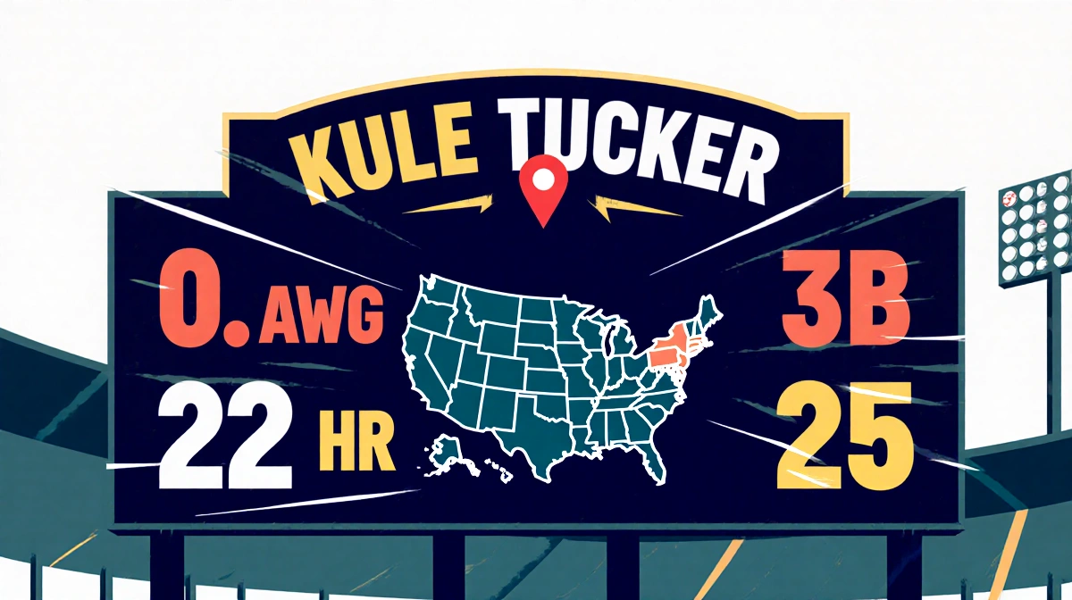 Baseball scoreboard showing Kyle Tucker's stats with red pin on US map marking Chicago