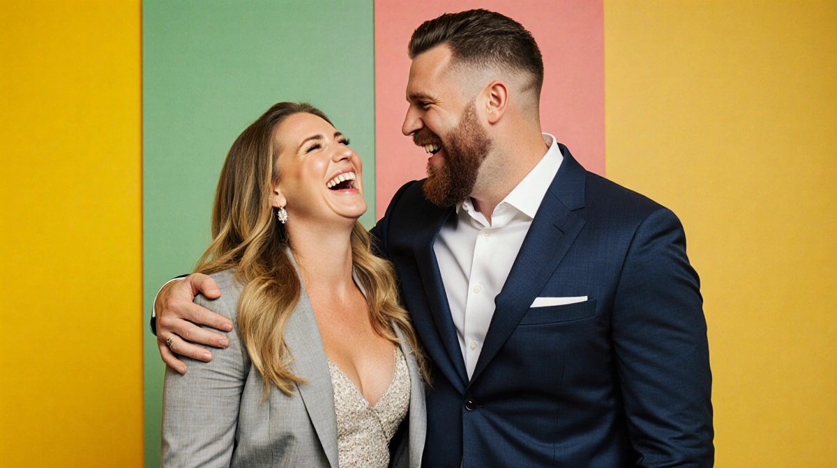 Kylie Kelce and Jason Kelce laughing together in matching suits with colorful background showing their joyful connection