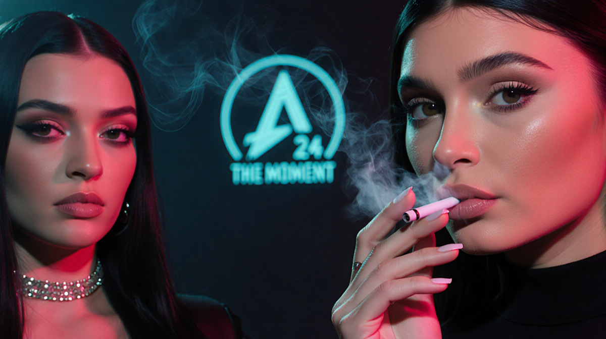 Kylie Jenner exhaling cigarette smoke with Charli xcx posing opposite and A24 logo glowing in neon-lit backdrop