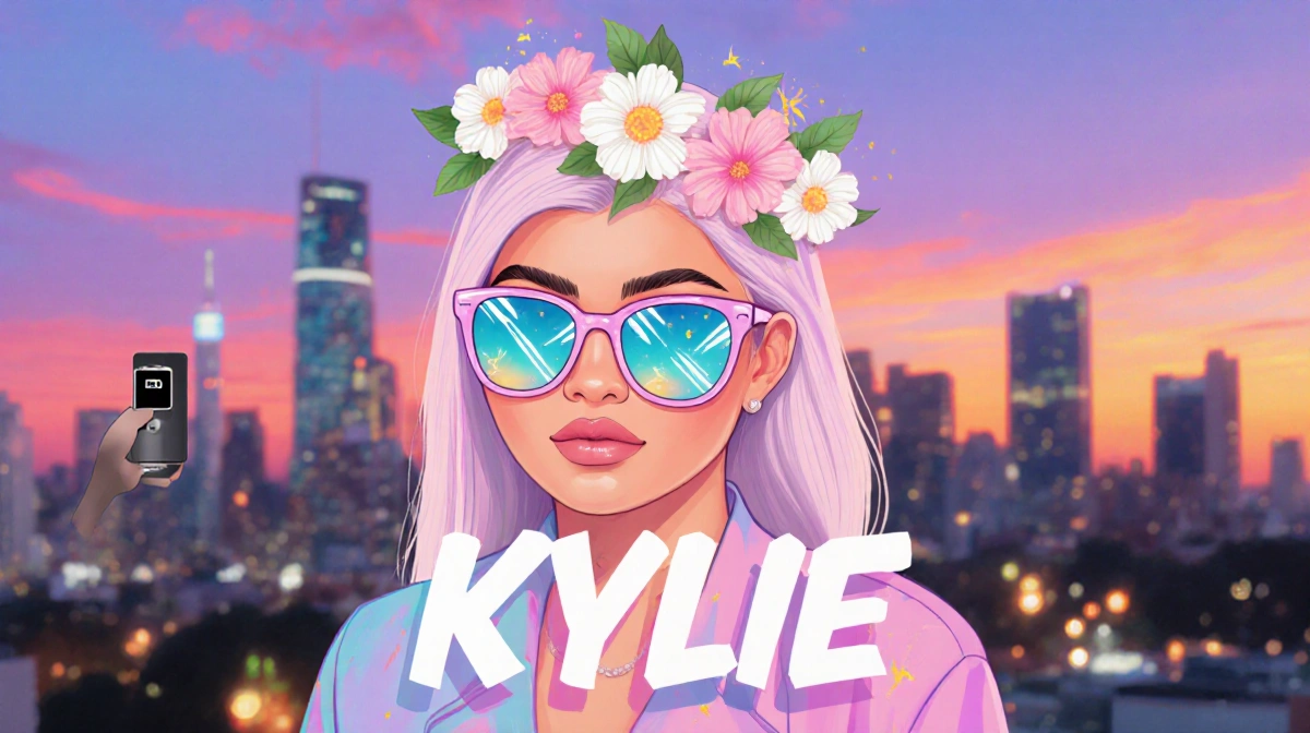 Kylie Jenner posing in mirrored sunglasses with flower crown and city sunset skyline behind
