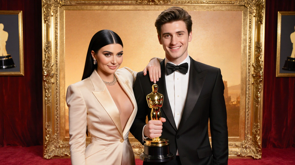 Kylie Jenner stands with Timothée Chalamet holding his Golden Globe Award with Hollywood glamour backdrop