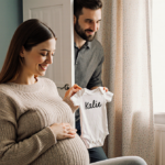 Expectant mother cradling her baby bump with a pastel nursery and a “Coming Soon” sign.