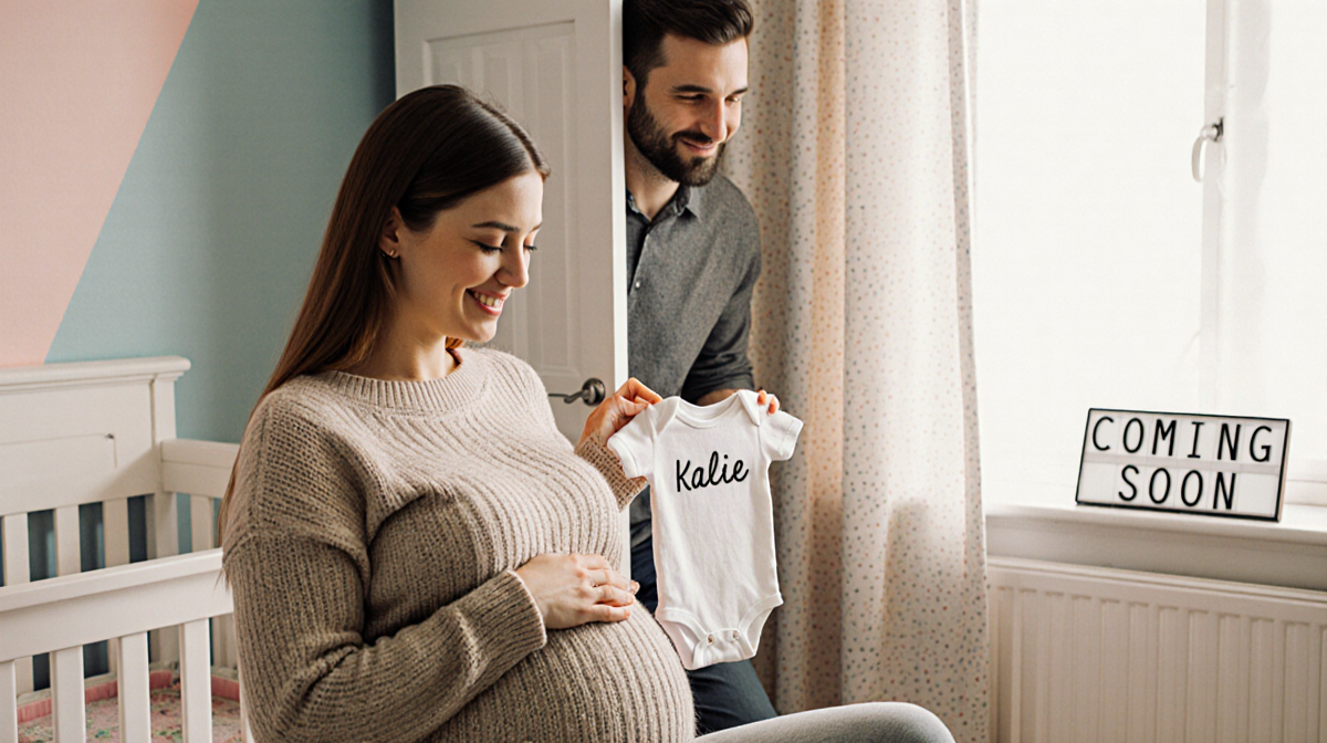 Expectant mother cradling her baby bump with a pastel nursery and a “Coming Soon” sign.