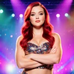 Kylie Kelce poses confidently with arms crossed wearing sparkly Camp Rock outfit against bright stage background