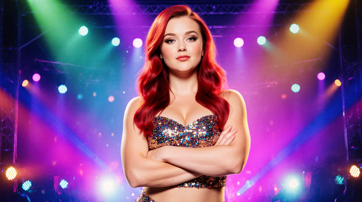 Kylie Kelce poses confidently with arms crossed wearing sparkly Camp Rock outfit against bright stage background