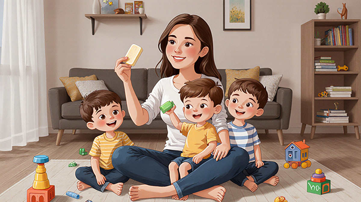 Kylie Kelce sits with her four children in a cozy living room with Bennett holding a soap bar.