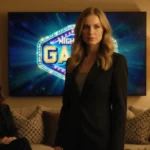 Kylie Kelce stands confidently in modern living room with TV showing game show logo and Donna Kelce seated behind her