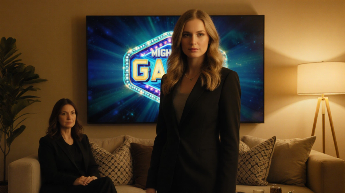 Kylie Kelce stands confidently in modern living room with TV showing game show logo and Donna Kelce seated behind her