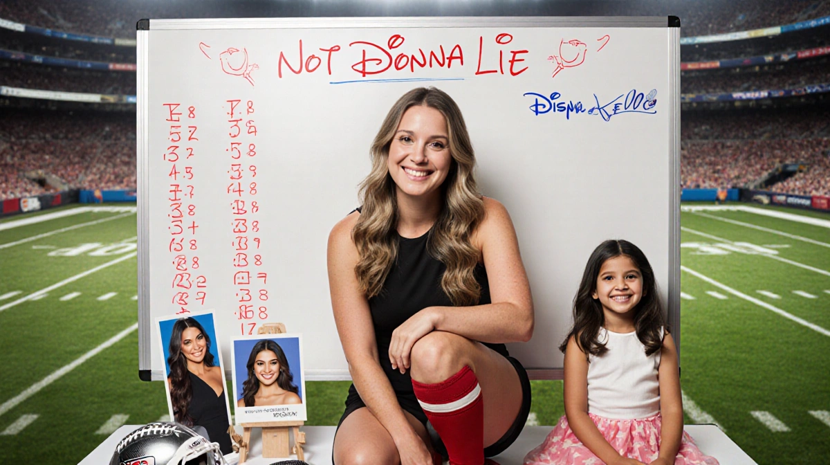Kylie Kelce sits confidently with knee bent at whiteboard filled with numbers and football equipment