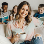 Kylie Kelce sits on couch holding coffee with a warm smile while her children play nearby.