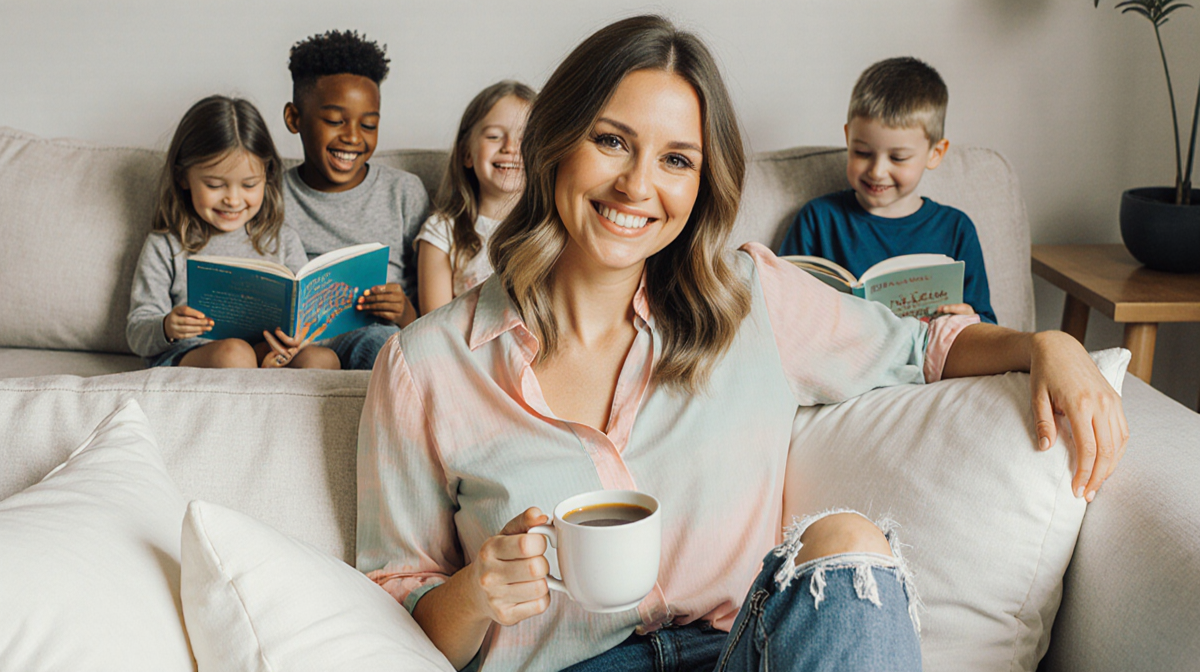 Kylie Kelce sits on couch holding coffee with a warm smile while her children play nearby.
