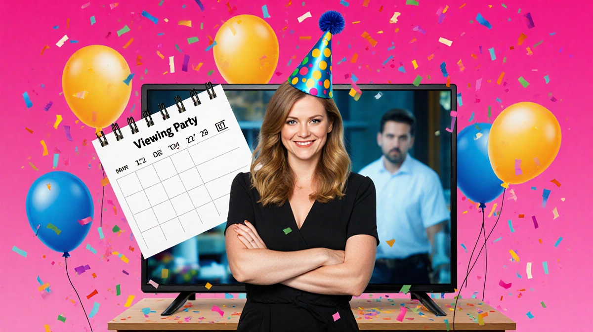 Kylie Kelce stands with crossed arms and party hat while mystery TV show plays behind her with balloons and confetti