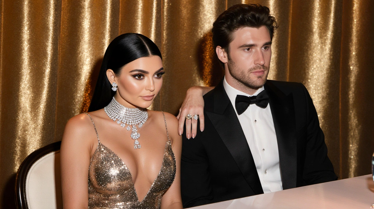 Kylie Jenner and Timothée Chalamet sitting together with sparkling diamond jewelry and metallic gown showing glamorous evenin