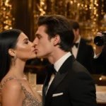 Kylie Jenner and Timothée Chalamet kissing at Golden Globes champagne bar with twinkling lights and Spielberg photographing
