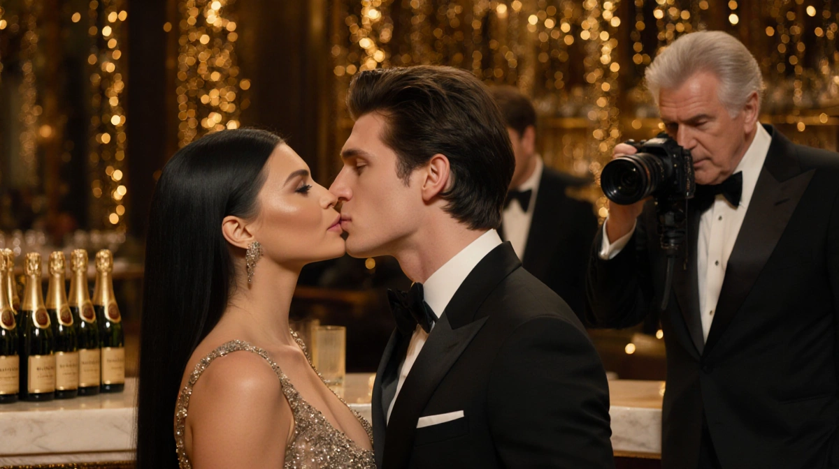 Kylie Jenner and Timothée Chalamet kissing at Golden Globes champagne bar with twinkling lights and Spielberg photographing