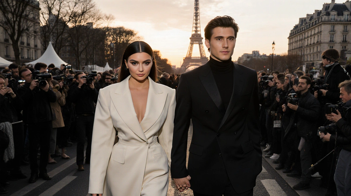 Kylie Jenner and Timothée Chalamet walking hand in hand with Paris Fashion Week crowd and Eiffel Tower behind