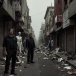 Business owners stand outside shuttered Fashion District stores with abandoned mannequins and trash covering the sidewalk