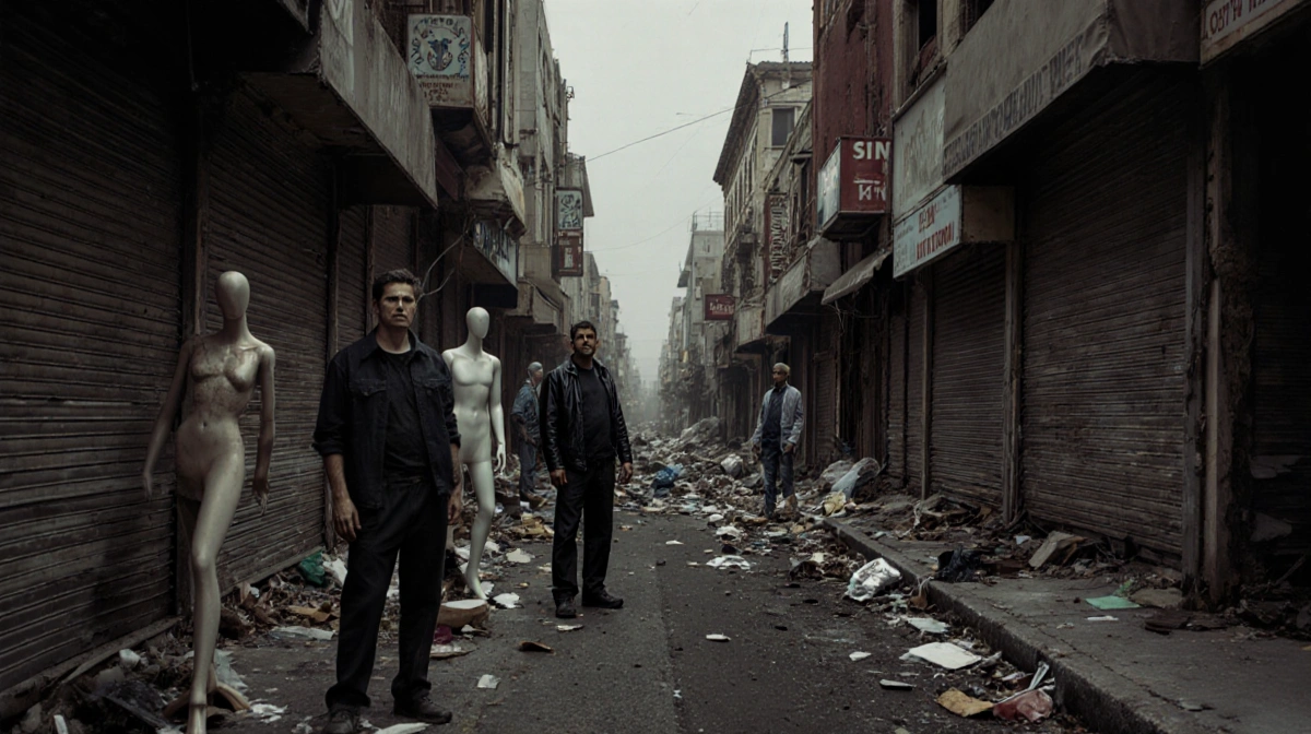 Business owners stand outside shuttered Fashion District stores with abandoned mannequins and trash covering the sidewalk