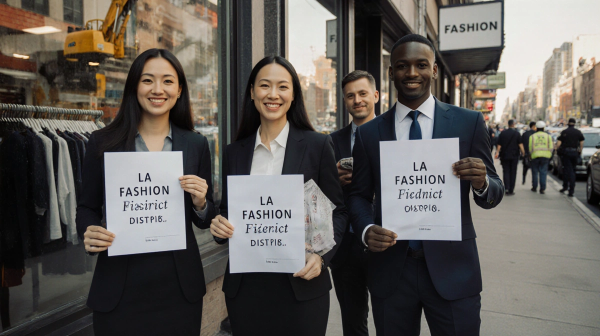 Business representatives from LA Fashion District stand together holding unity signs with blurred storefronts and distant con