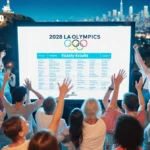 Excited crowd celebrating the 2028 LA Olympics ticket lottery results with digital screen and Hollywood Sign behind them