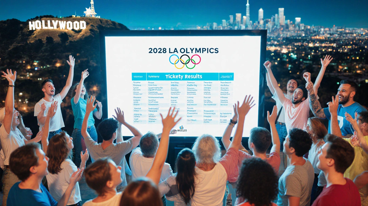 Excited crowd celebrating the 2028 LA Olympics ticket lottery results with digital screen and Hollywood Sign behind them