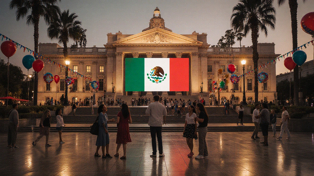 People celebrating at LA Plaza de Cultura y Artes with Mexican flag glowing on building and festive decorations filling the p