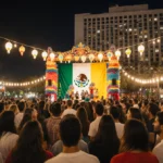 Families celebrate FIFA World Cup night at LA Plaza de Cultura y Artes with colorful piñata stage and twinkling string lights