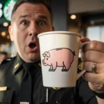 LA County deputy holding coffee cup with hand-drawn pig design while standing near busy Starbucks counter with natural light