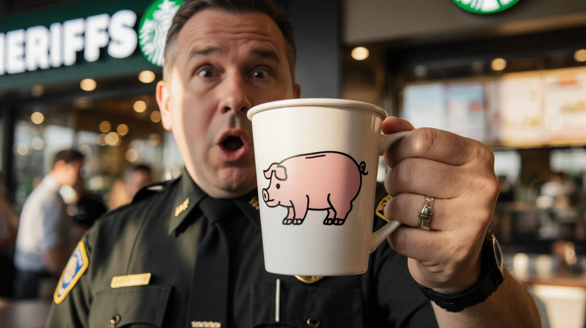 LA County deputy holding coffee cup with hand-drawn pig design while standing near busy Starbucks counter with natural light