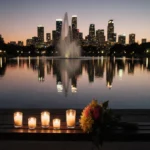 Los Angeles skyline glows at dusk with candles and flowers on bench showing hope and resilience