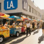 Street food vendors serve tacos and empanadas from colorful carts with happy customers and LA city logo behind