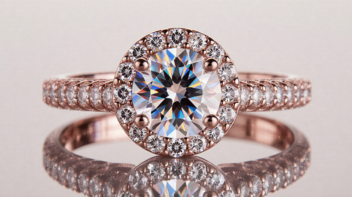 Diamond ring gleaming with intricate BuzzBallz mold design in pink gold setting surrounded by handset diamonds