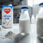 Powdered whole milk bottles displayed on a clean surface with a sterile lab background and faint ByHeart packaging