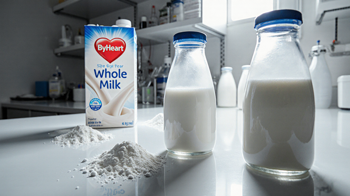 Powdered whole milk bottles displayed on a clean surface with a sterile lab background and faint ByHeart packaging