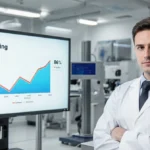 Lab technician stands before computer screen with RS Rating chart showing 86% and 80-plus certification