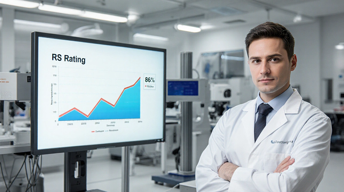 Lab technician stands before computer screen with RS Rating chart showing 86% and 80-plus certification