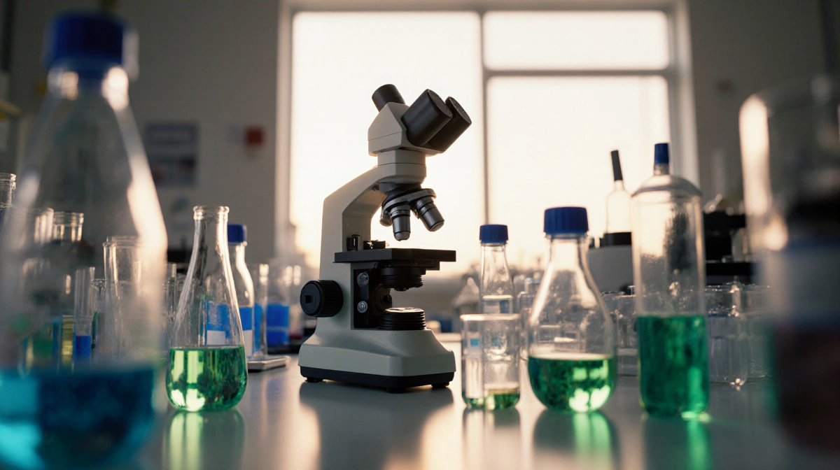 Microscope and pipette rest on lab bench with natural light from window and test tubes showing life science research