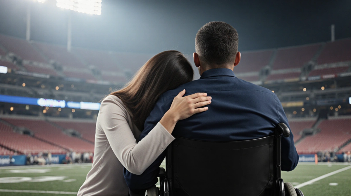 Woman cradling husband's arm with empathy amid dim stadium backdrop and reflecting post-NFL physical therapy support