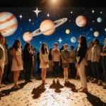 Diverse crowd gazing at interactive solar system exhibit with celestial bodies and colorful festival decorations at LACMA