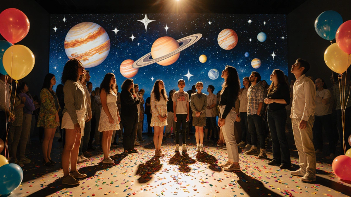 Diverse crowd gazing at interactive solar system exhibit with celestial bodies and colorful festival decorations at LACMA