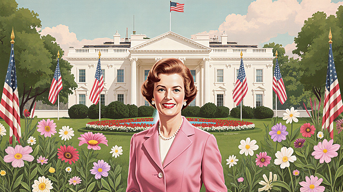Lady Bird Johnson standing in front of a 1960s flower-filled garden with American flags and White House East Wing backdrop.