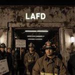 Firefighters hold picket signs outside aging LAFD station with faded sign and worn equipment