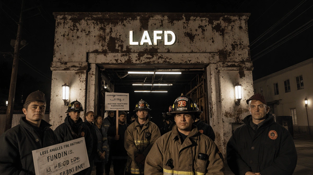 Firefighters hold picket signs outside aging LAFD station with faded sign and worn equipment