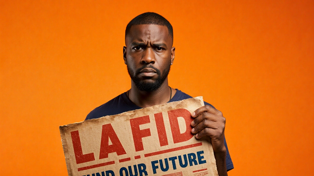 Concerned LA resident holds LAFD Fund Our Future sign with bright orange background and urgent expression