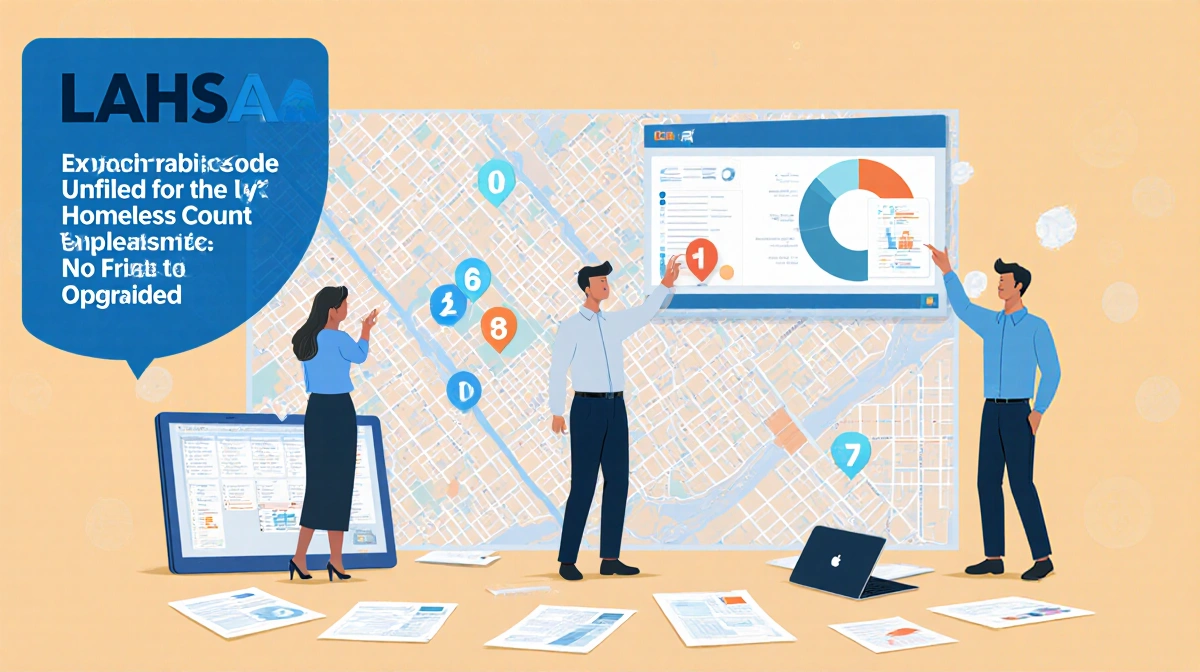 LAHSA officials reviewing city map with digital displays and laptops showing homeless count improvements