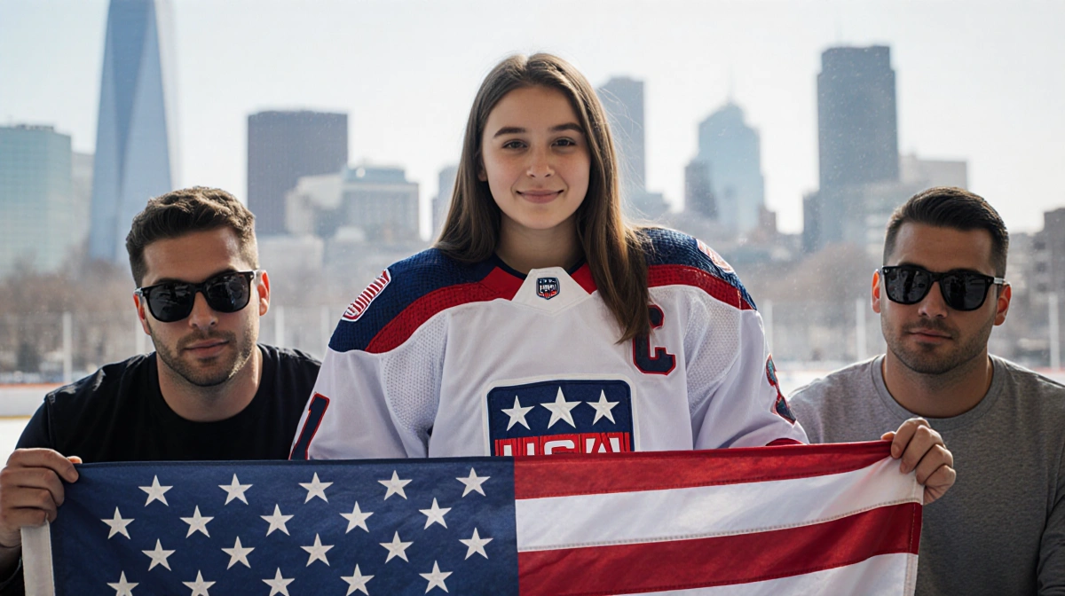 Laila Edwards standing proudly in hockey uniform holding a flag with Team USA logo with blurred Cleveland Heights skyline in 