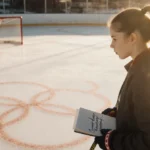 Laila Edwards stands at ice rink with hockey stick and figure-eight pattern behind her showing Wisconsin landscape