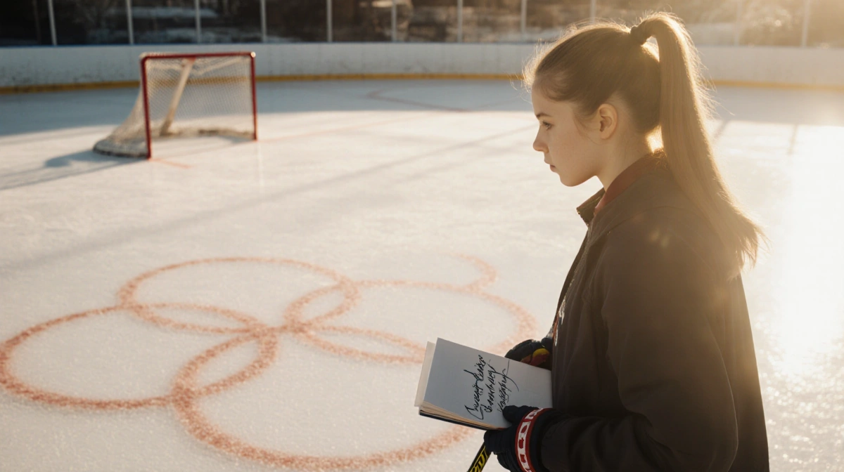 Laila Edwards stands at ice rink with hockey stick and figure-eight pattern behind her showing Wisconsin landscape