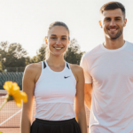 Laila Hasanovic smiles beside Jannik Sinner on a sunlit tennis court with bright grass and colorful flowers.